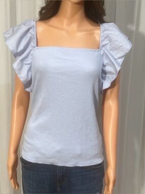 a new day Pale Blue Square Neck Ruffle Sleeve Top